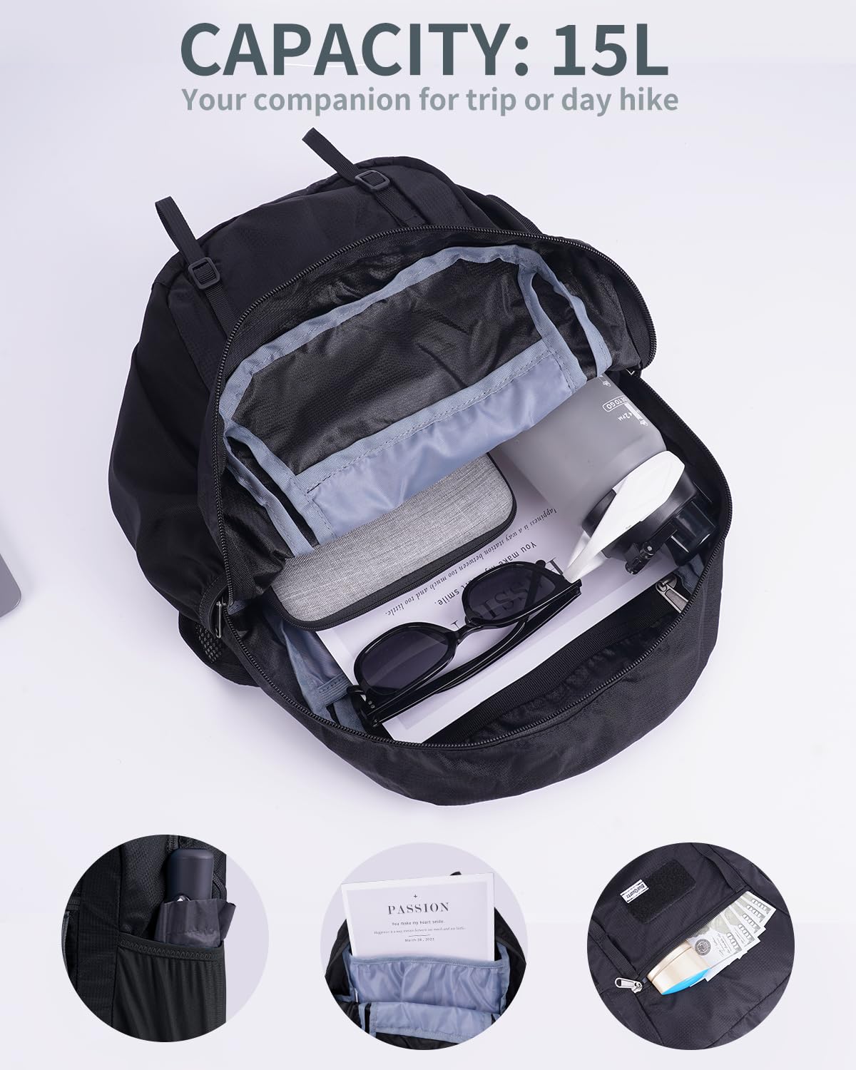 Foldable 15L Small Hiking Backpack with Soft Flask