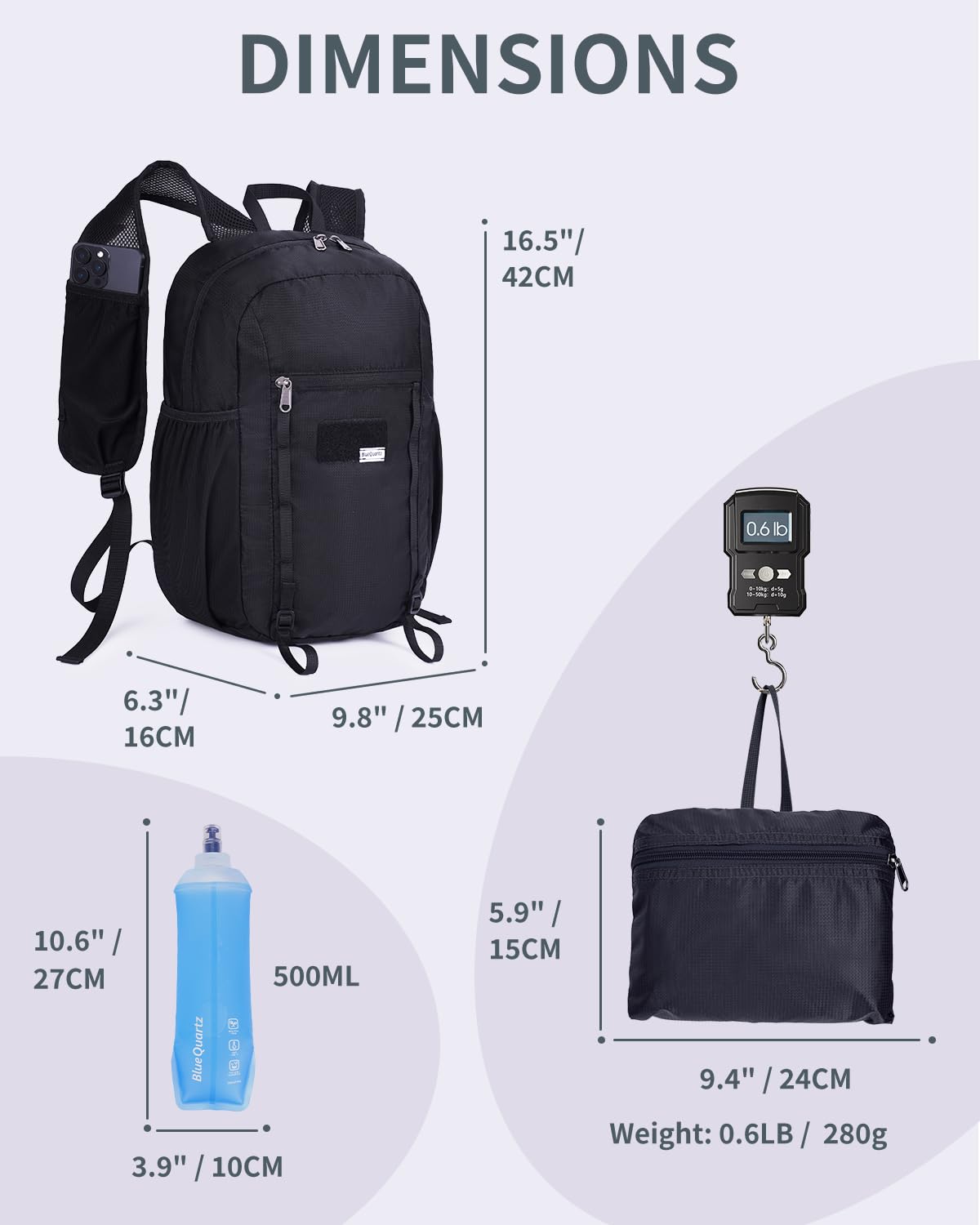 Foldable 15L Small Hiking Backpack with Soft Flask