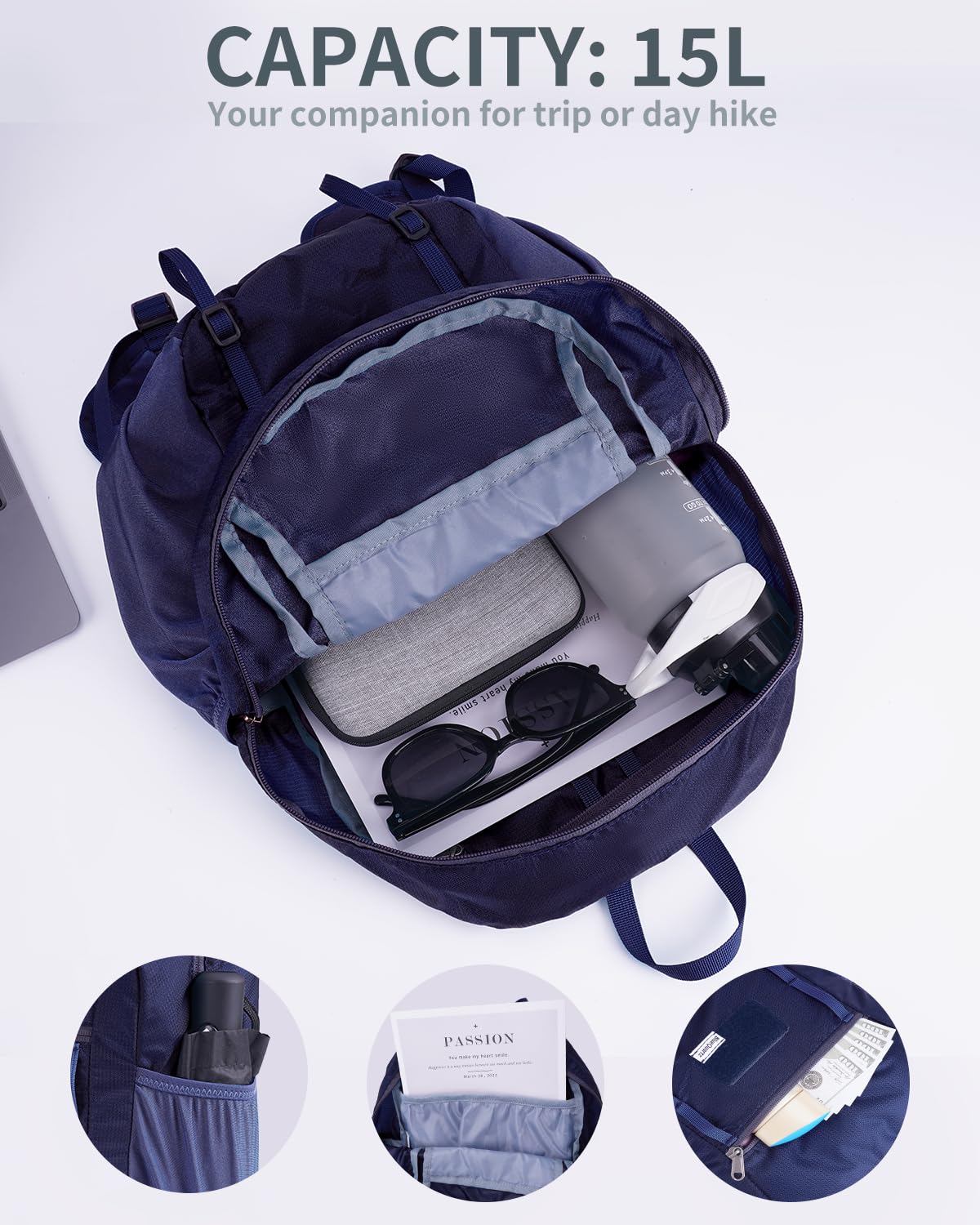 Foldable 15L Small Hiking Backpack with Soft Flask