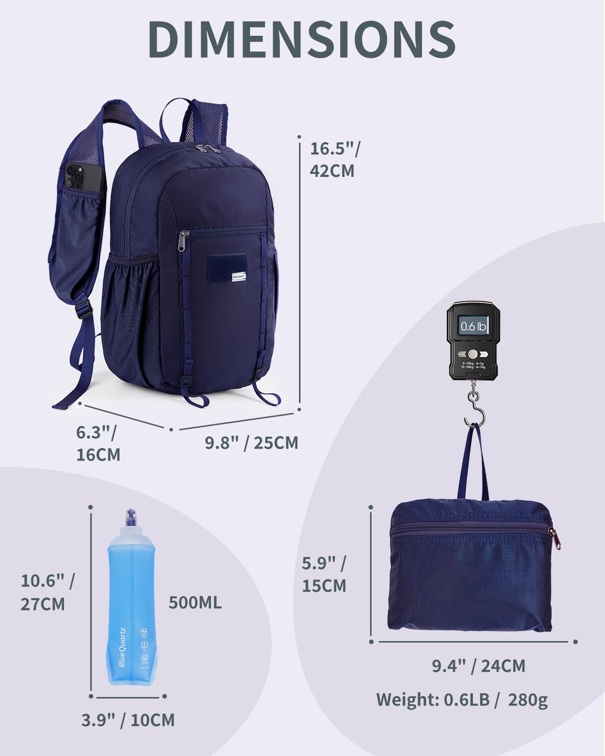 Foldable 15L Small Hiking Backpack with Soft Flask