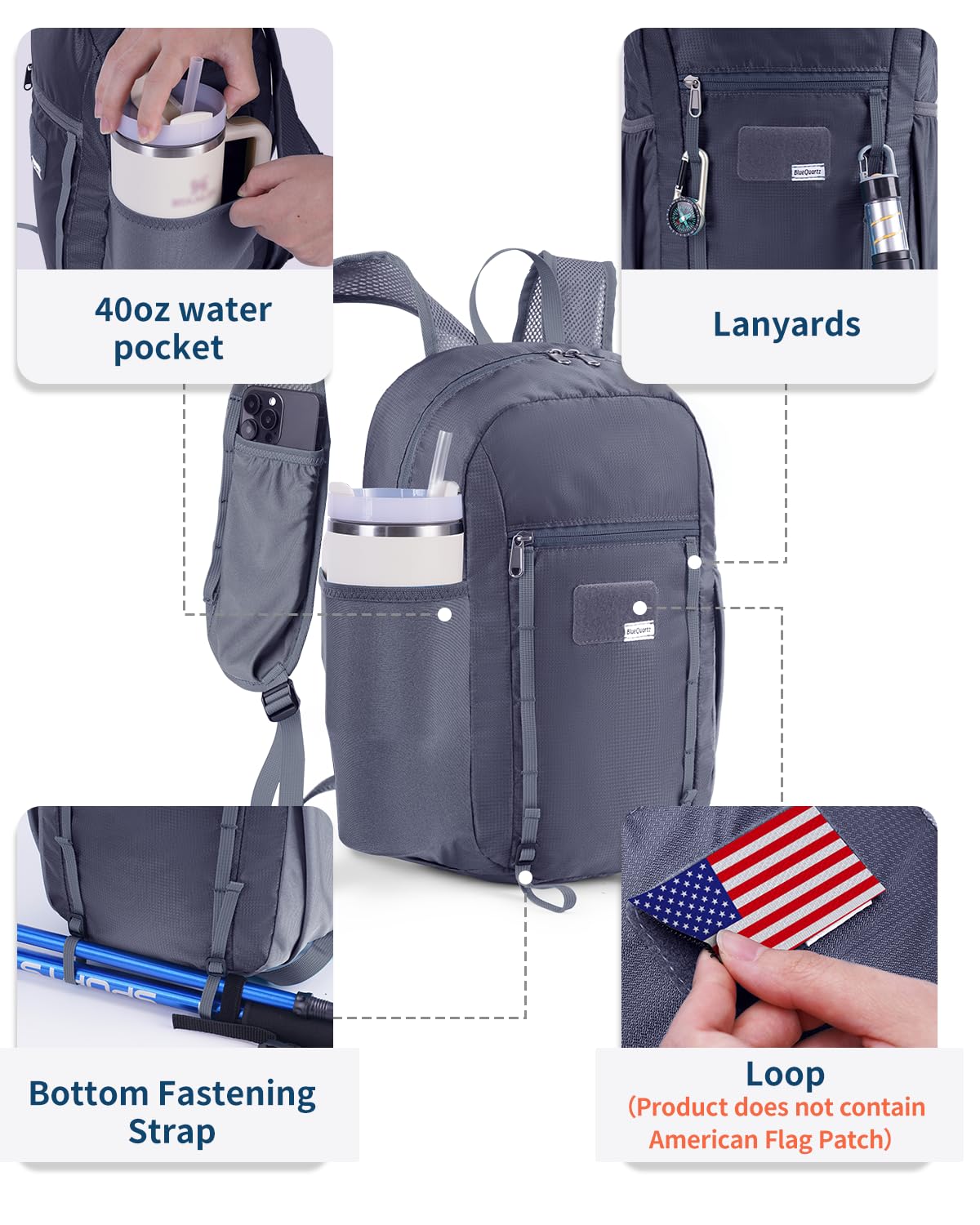 Foldable 15L Small Hiking Backpack with Soft Flask