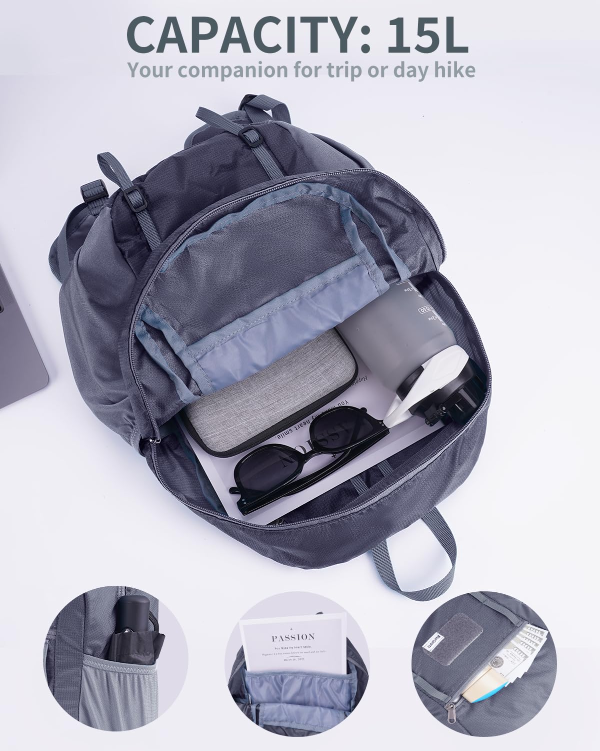 Foldable 15L Small Hiking Backpack with Soft Flask