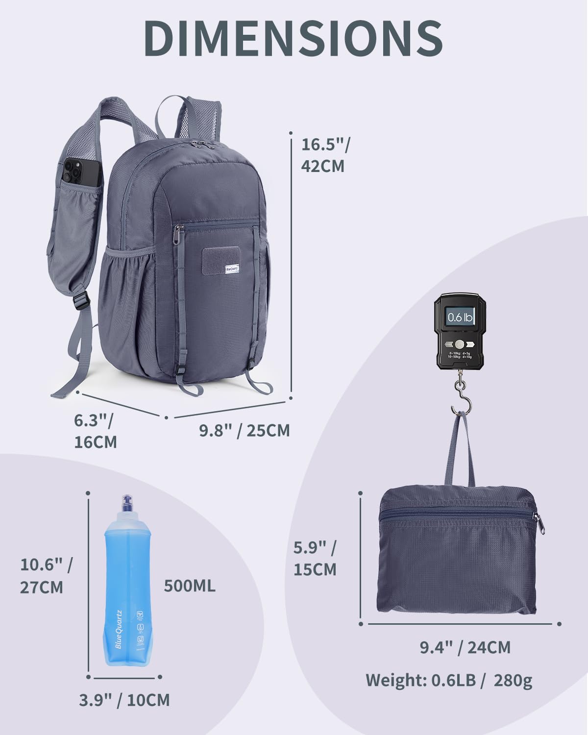 Foldable 15L Small Hiking Backpack with Soft Flask