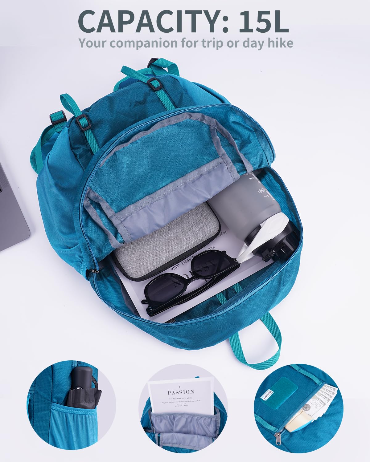 Foldable 15L Small Hiking Backpack with Soft Flask