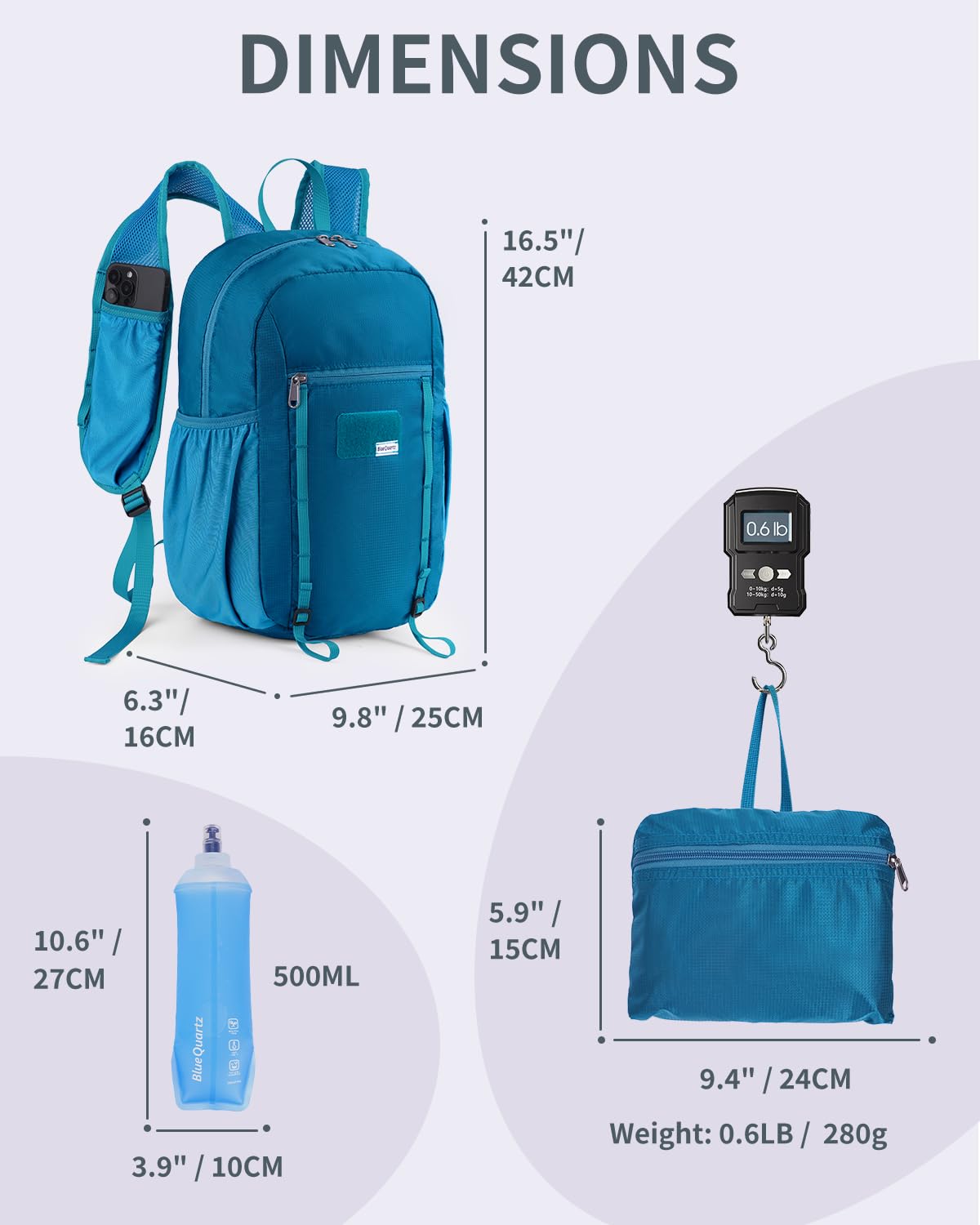 Foldable 15L Small Hiking Backpack with Soft Flask